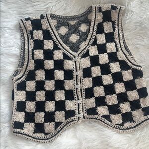 SHEIN Black and Cream Checkered Crochet Vest